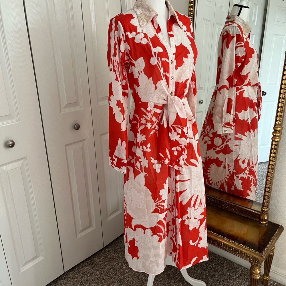 FIGUE NWT Kate Red & White Floral V-Neckline Midi L.Sleeve Shirt Dress. Size 12
